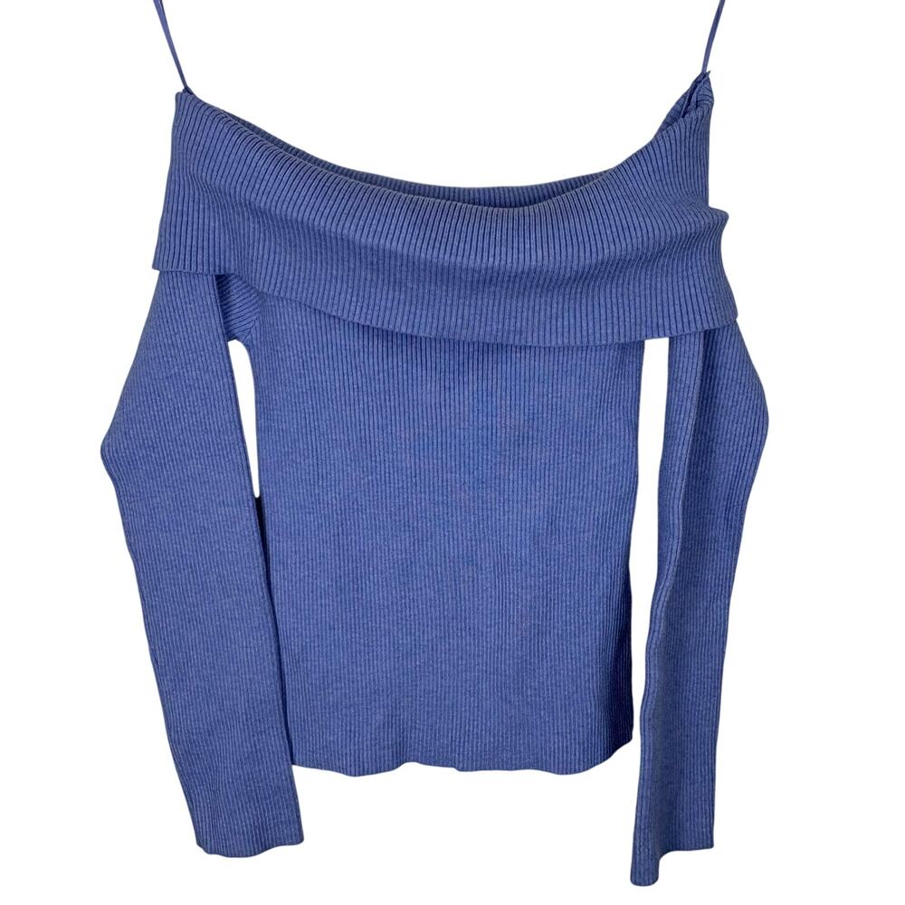 By Together Off The Shoulder Knitted Sweater Periwinkle Blue Ribbed Fitted Small